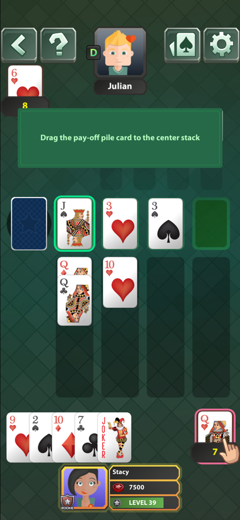 Spite and Malice Card Game - Uno schermo di gioco del gioco di carte Spite and Malice che mostra le istruzioni per trascinare una carta dalla pila di pagamento allo stack centrale.