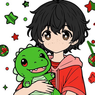 a cute anime girl holding a plush dinosaur