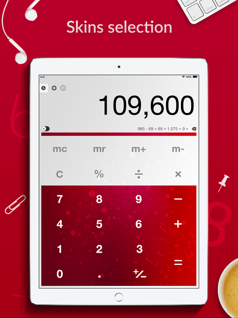 Pantalla del iPad mostrando Calculator Pro con una selección de apariencia personalizada en rojo brillante