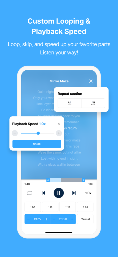 ALSong app interface showing custom looping A-B repeat and playback speed control settings over synchronized lyrics