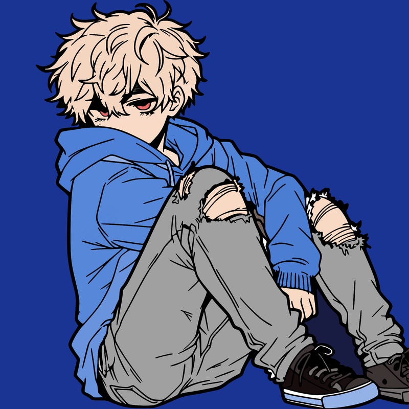 a male hoddie ripped jeans messy hair anime