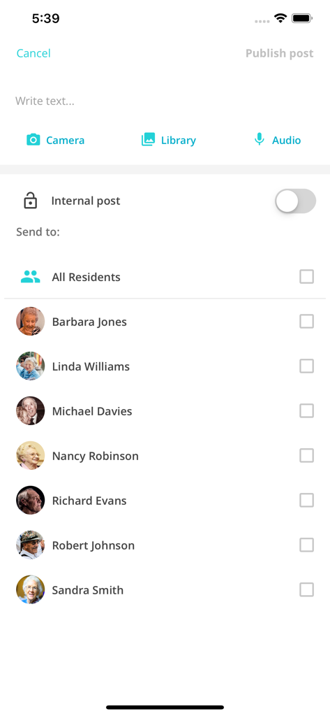 myo - A screen in the myo app for creating and sending posts to residents of a care facility including media options like camera library and audio