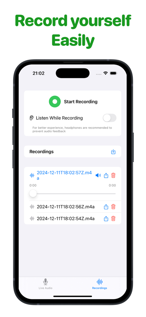 Mic to Speaker - Microphone - Voice recording and file management screen of the Mic to Speaker app on an iPhone.