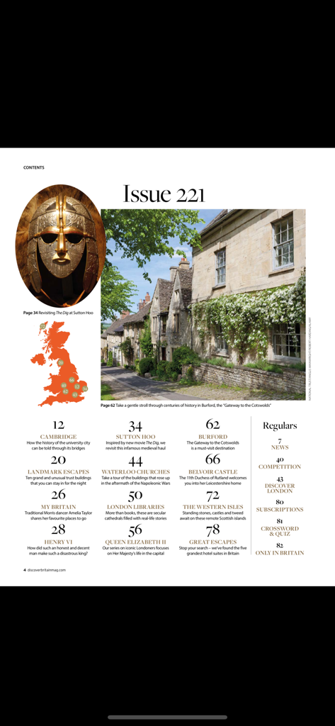 Discover Britain Magazine - Contents page of Discover Britain Magazine Issue 221 featuring articles on Sutton Hoo and the Cotswolds