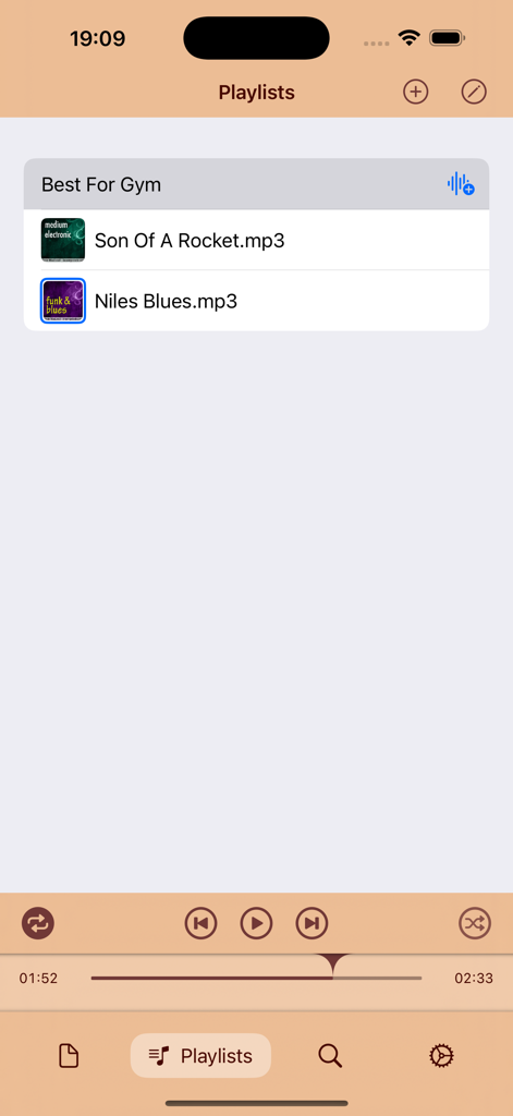 iMP3 app playlists screen showing a music collection titled Best For Gym with local mp3 files