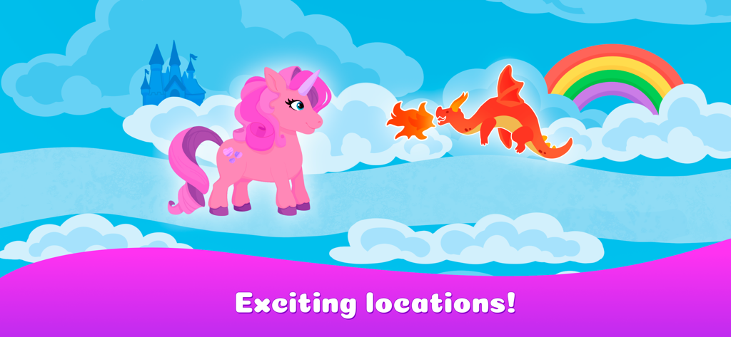 Unicorn Run Kids Games 0+ - A pink unicorn and a fire breathing dragon in a magical sky with a rainbow and castle