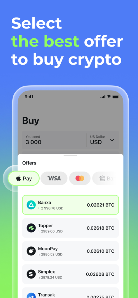 Pantalla de la aplicación Changelly mostrando varias ofertas de proveedores y métodos de pago como Apple Pay y Visa para comprar criptomonedas.