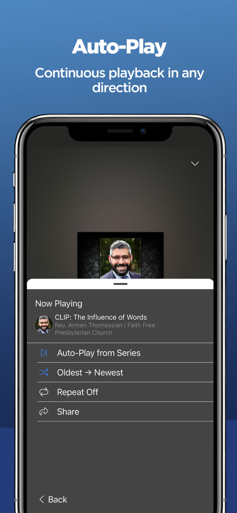 Sermons by SermonAudio - Interface of the Sermons by SermonAudio app highlighting the autoplay and continuous playback feature.