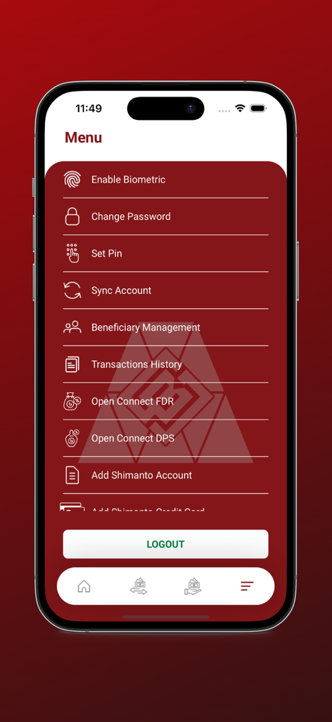 Connect Internet Banking - Pantalla del menú de la aplicación Connect Internet Banking con opciones para historial de transacciones de inicio de sesión biométrico y gestión de cuentas