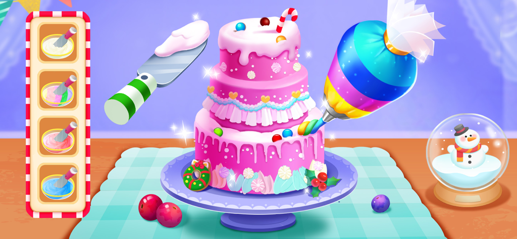 Baby Panda's Ice Cream Truck - A colorful pink cake being decorated with frosting and candies in a kids cooking game