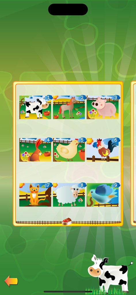 Animal Jigsaw Puzzle: Farm PRO - Pantalla de selección de una aplicación de rompecabezas de animales de granja para niños con varios animales como una vaca, un cerdo y un caballo