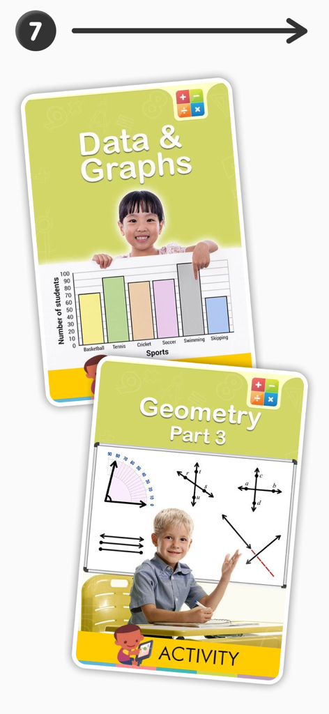 Two digital cards for third grade math showing data graphs and geometry activities