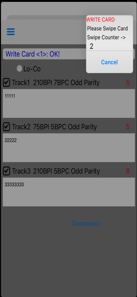 EasyMSR - EasyMSR app interface for writing data to Track 1 Track 2 and Track 3 of a magnetic stripe card