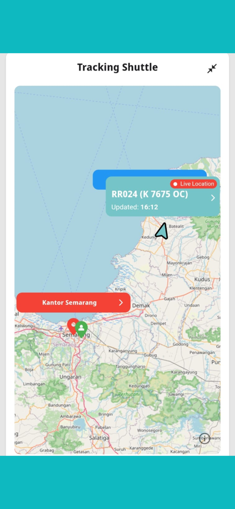 Rimba Raya Travel - Live shuttle tracking map in the Rimba Raya Travel app showing real-time vehicle location