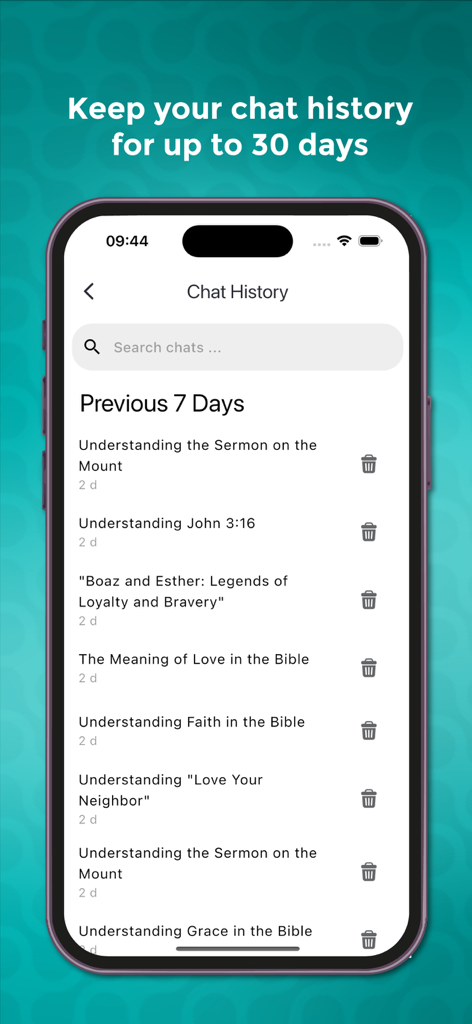 BiblicalAi - Bible App with Ai - BiblicalAi app screen showing a list of previous Bible study chat topics
