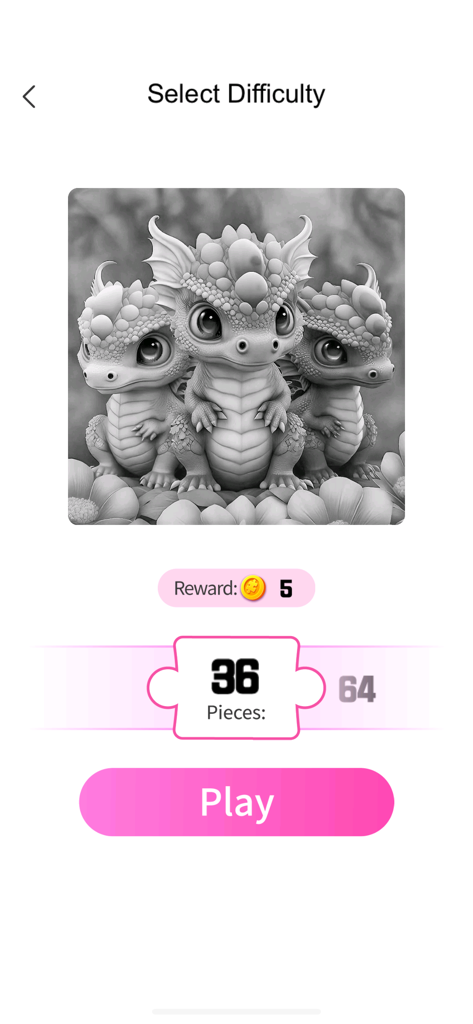 Art Puzzle Master：Jigsaw Game - Difficulty selection screen in Art Puzzle Master showing a baby dragon jigsaw image and 36 pieces setting