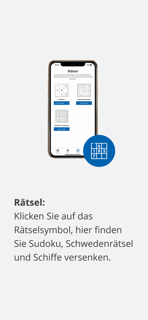 Pantalla de rompecabezas de la aplicación Mindener Tageblatt con juegos de Sudoku y crucigramas.