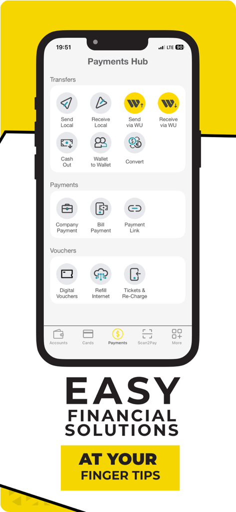 BOB Finance - BOB Finance app interface showing the Payments Hub with options for Western Union transfers and bill payments