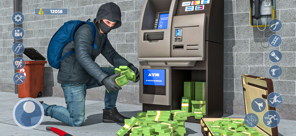 Scary Robber 3D - A masked robber in a grey hoodie stealing stacks of cash from an ATM machine