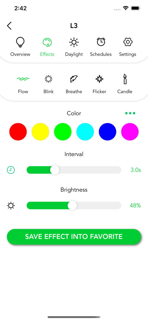 VOCOlinc app interface for customizing smart bulb light effects, colors, and brightness levels.