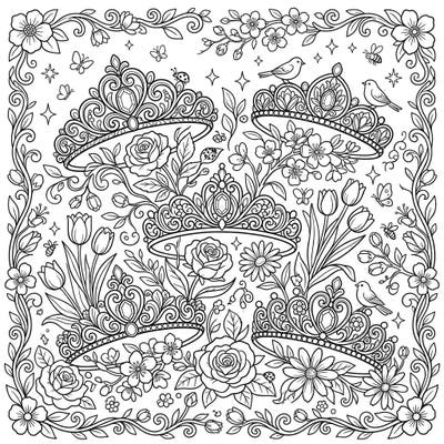 Discover a magical world where sparkling tiaras bloom amidst a vibrant spring garden, ready for your artistic touch. This full-page illustration offers an enchanting escape, blending regal elegance with the fresh beauty of the season.