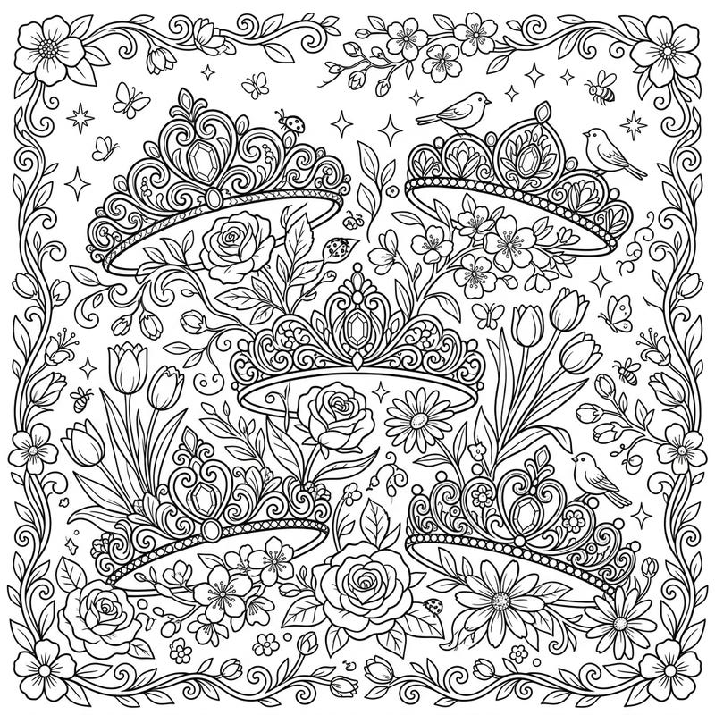 Discover a magical world where sparkling tiaras bloom amidst a vibrant spring garden, ready for your artistic touch. This full-page illustration offers an enchanting escape, blending regal elegance with the fresh beauty of the season.