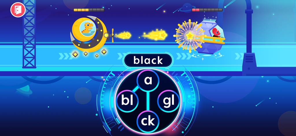 Dinosaurier-Raumschiff-Spiel für Kinder zum Erlernen von Lautverbindungen und Rechtschreibwörtern.