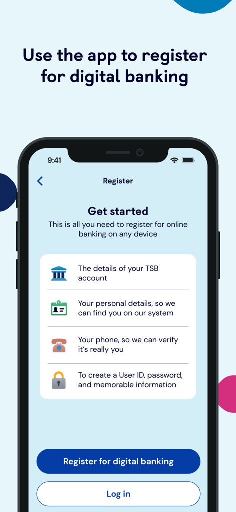 TSB Mobile Banking - Registrierungsoberfläche der TSB Mobile Banking App für digitale Bankdienstleistungen.