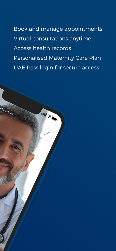 Mediclinic app promotional screen listing healthcare features such as virtual consultations and appointment booking