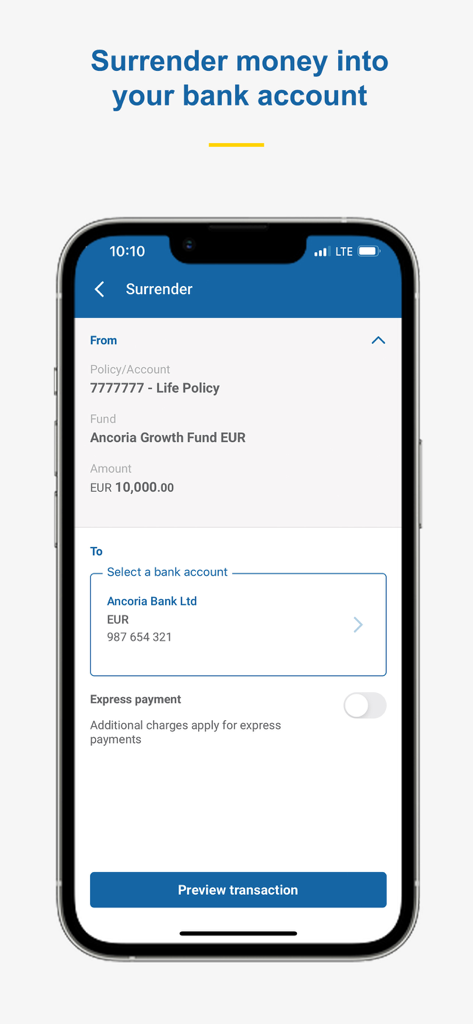 Ancoria OnLine app interface showing the process of surrendering money from a life policy fund to a bank account