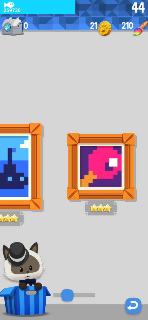 Hungry Cat Nonogram - A gallery view in Hungry Cat Nonogram showing framed pixel art and a cat character in a top hat.