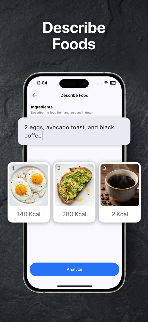 AI Calorie Counter - Scan Food - Interface do aplicativo Contador de Calorias por IA mostrando entrada de texto para uma descrição de refeição com análises de calorias individuais para ovos, torrada com abacate e café.