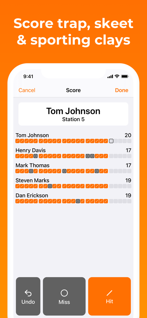 HotClays Trap Skeet & Sporting - Digital scorecard in the HotClays app displaying hit and miss results for multiple shooters