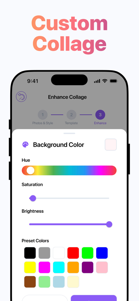 Layout for Instagram + - Editor de color de fondo personalizado con deslizadores de tono y saturación para un collage de fotos