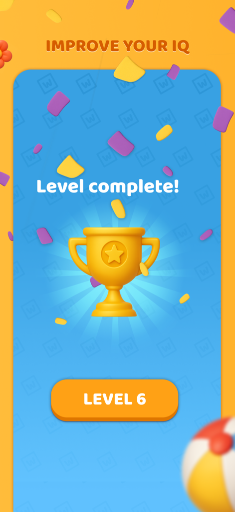 Words Merge - Tela de conclusão de nível do jogo Words Merge mostrando nível concluído com um troféu dourado e confetes caindo