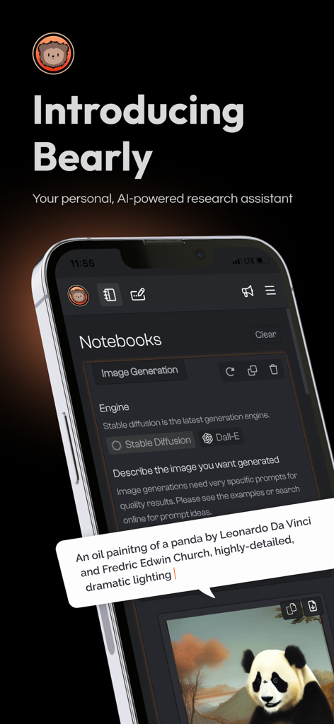 Bearly AI - Bearly AI app home screen showing image generation from a text prompt
