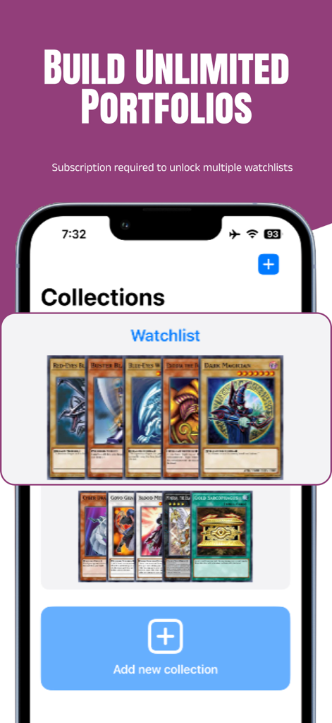 Yugioh Card Scanner - Mobile app interface showing Yugioh card collections and the build unlimited portfolios feature