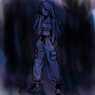 girl in baggy pants crop top and long hair