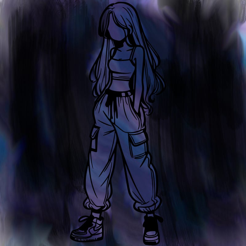 girl in baggy pants crop top and long hair