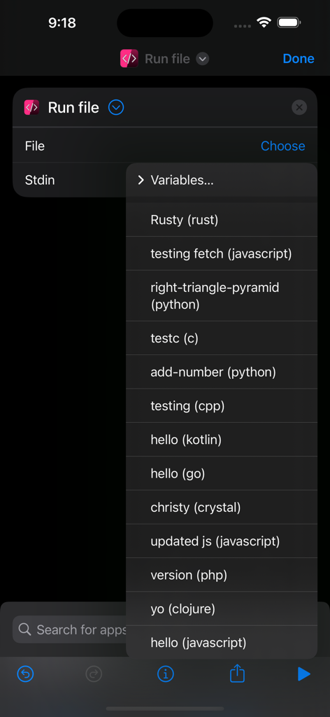 Code - Compile & Run Program - A menu in the app showing a list of code files in different programming languages ready to be compiled and executed.