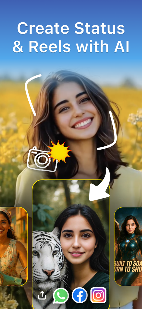 A mobile app screen demonstrating the creation of social media status and reels using AI generated images