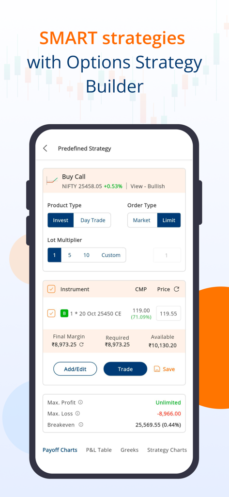 mStock app interface showing the Options Strategy Builder with a predefined Buy Call strategy for NIFTY