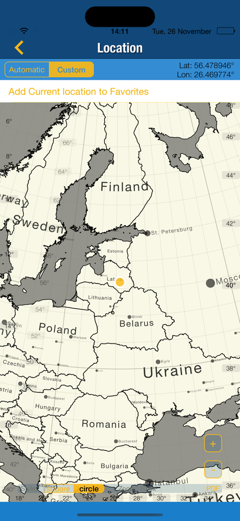 The Sun: Sunrise sunset Times - A map interface in The Sun app for selecting geographic locations to track sunrise and sunset times