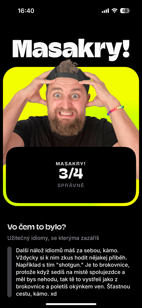Kuba - English parťák do kapsy - A quiz result screen in the Kuba English app showing a score of 3 out of 4 and an explanation of the idiom shotgun in Czech.