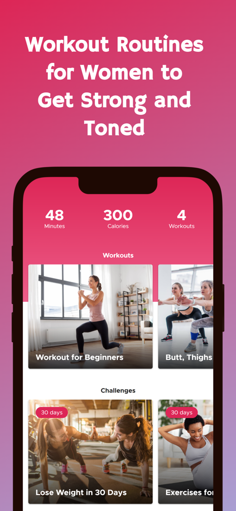 Workout Plan For Women - Interfaz de la aplicación con rutinas de entrenamiento para que las mujeres se pongan fuertes y tonificadas