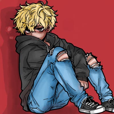 a male hoddie ripped jeans messy hair anime