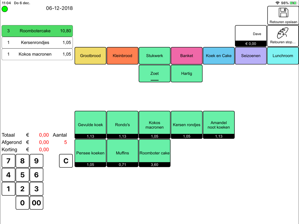 Uma interface de ponto de venda de padaria em um iPad exibindo categorias de alimentos e uma lista de transações