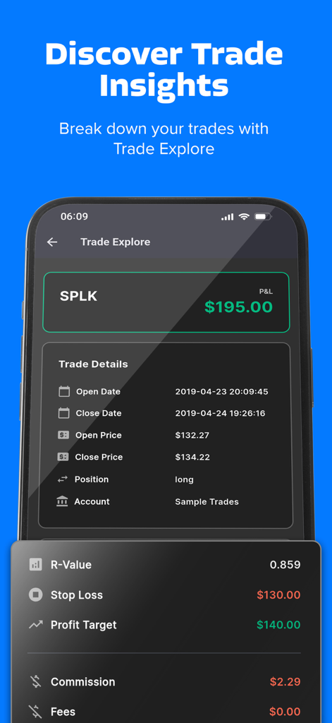 TradesViz Trading Journal - TradesViz App-Bildschirm zeigt Trade-Einblicke mit Gewinn- und Verlustdetails und Risikokennzahlen