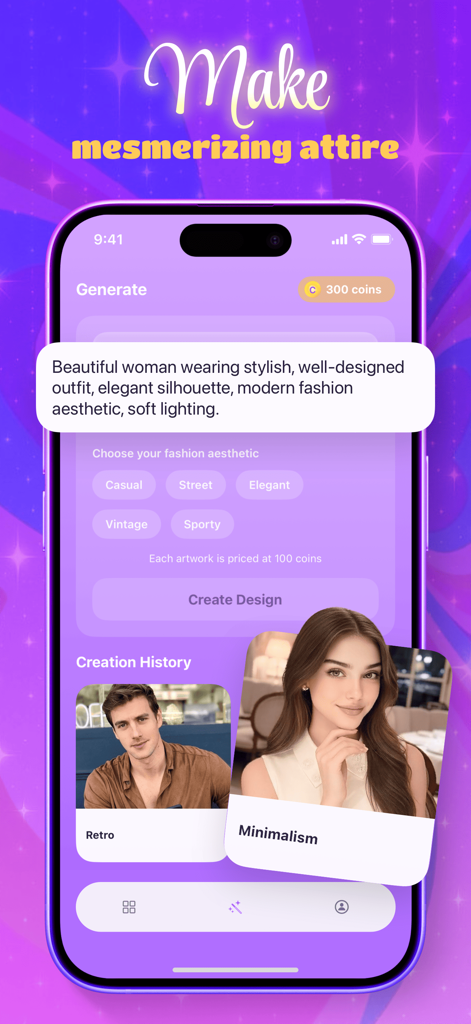 Rini app interface showing the AI outfit generation tool with text prompts and fashion style selections