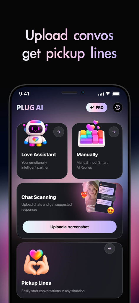 Plug AI - AI Dating Assistant - Tela inicial do aplicativo móvel Plug AI mostrando recursos como Assistente de Amor, Análise de Chat e Cantadas.